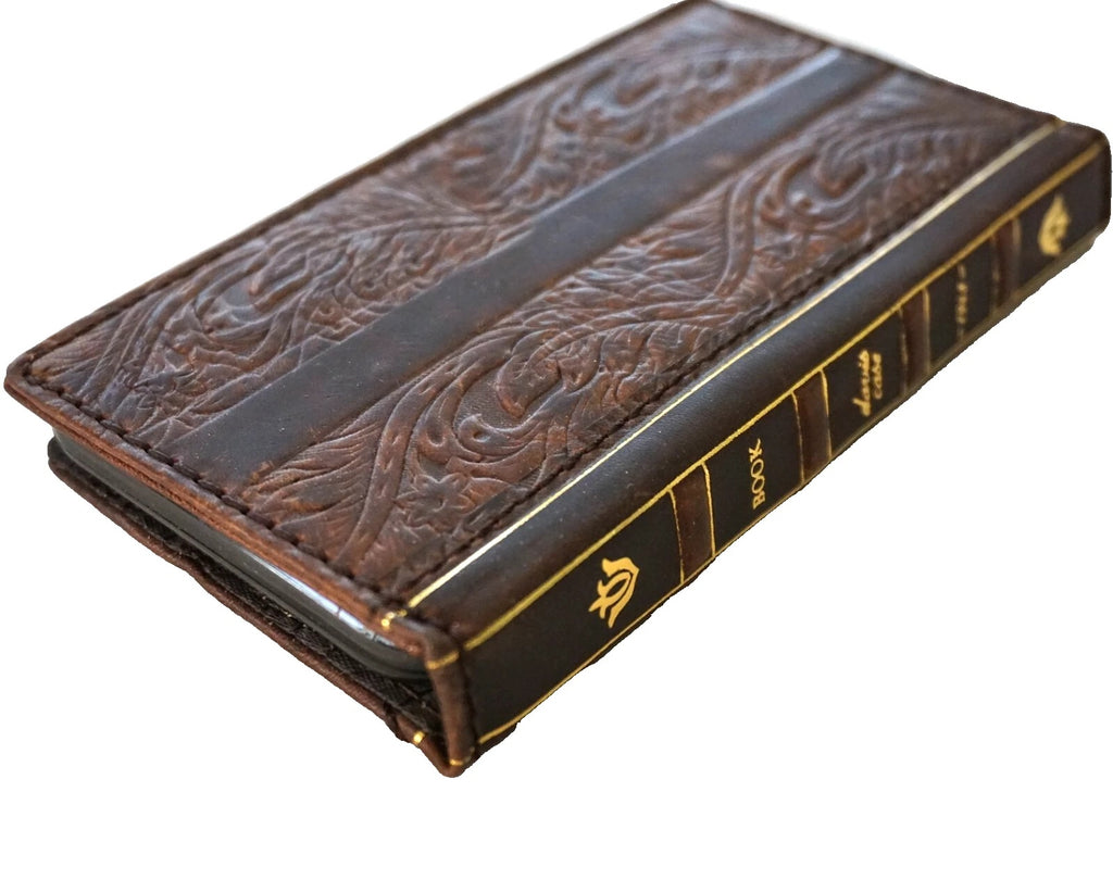 Handmade genuine leather phone case for Galaxy S series, Z Fold, Note, and FE models by DAVISCASE, featuring a vintage Bible book design.