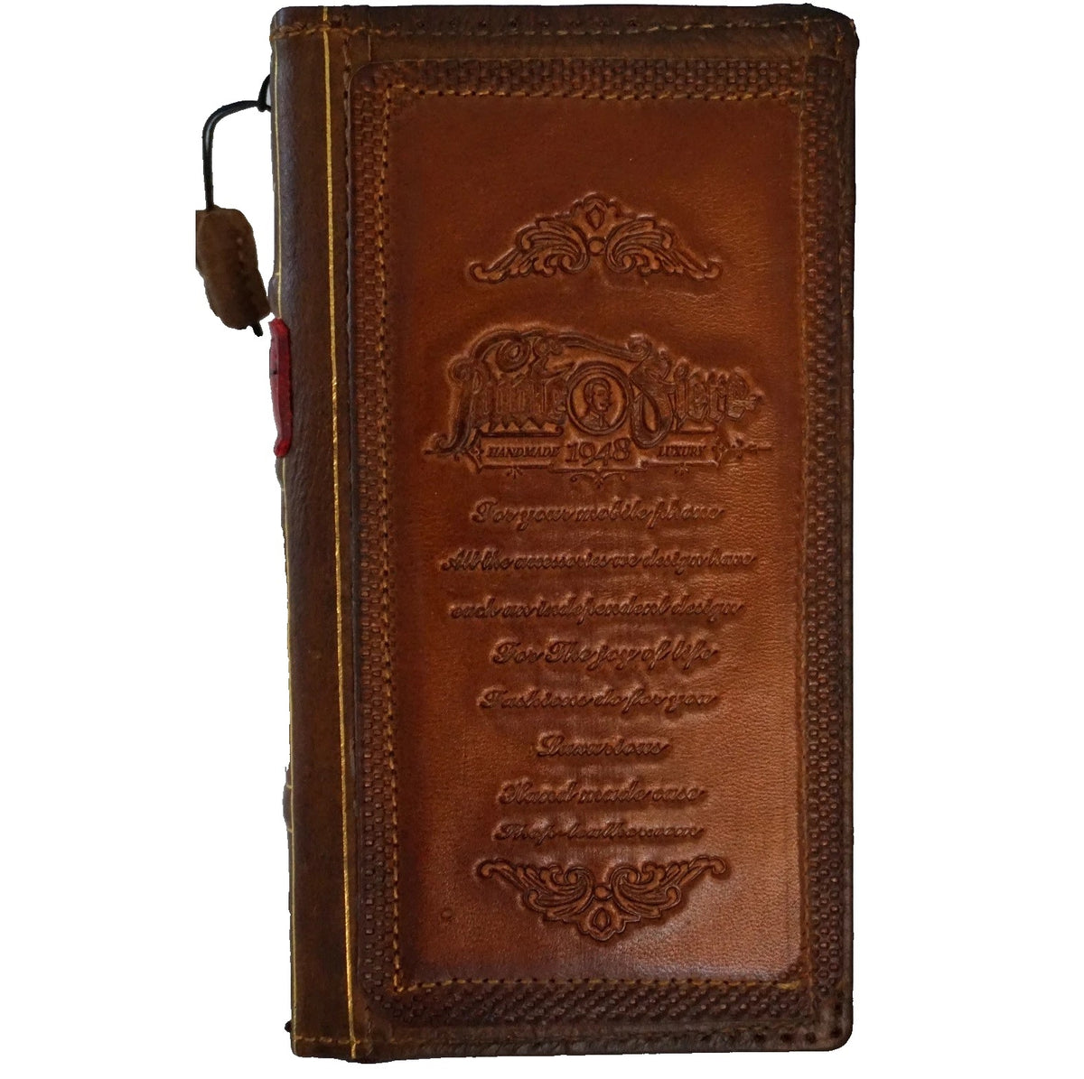 Handmade genuine leather phone case by DAVISCASE for Galaxy S21, S22, S23, S24, Z Fold, Note, and Edge models in tan red with coarse seam.