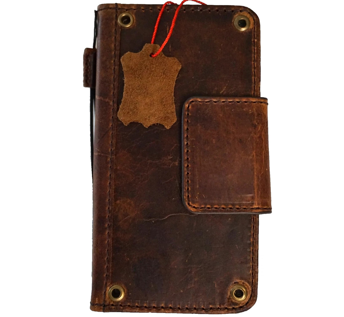 Handmade genuine leather wallet phone case for Apple iPhone models, with magnetic closure and copper holes by DAVISCASE.
