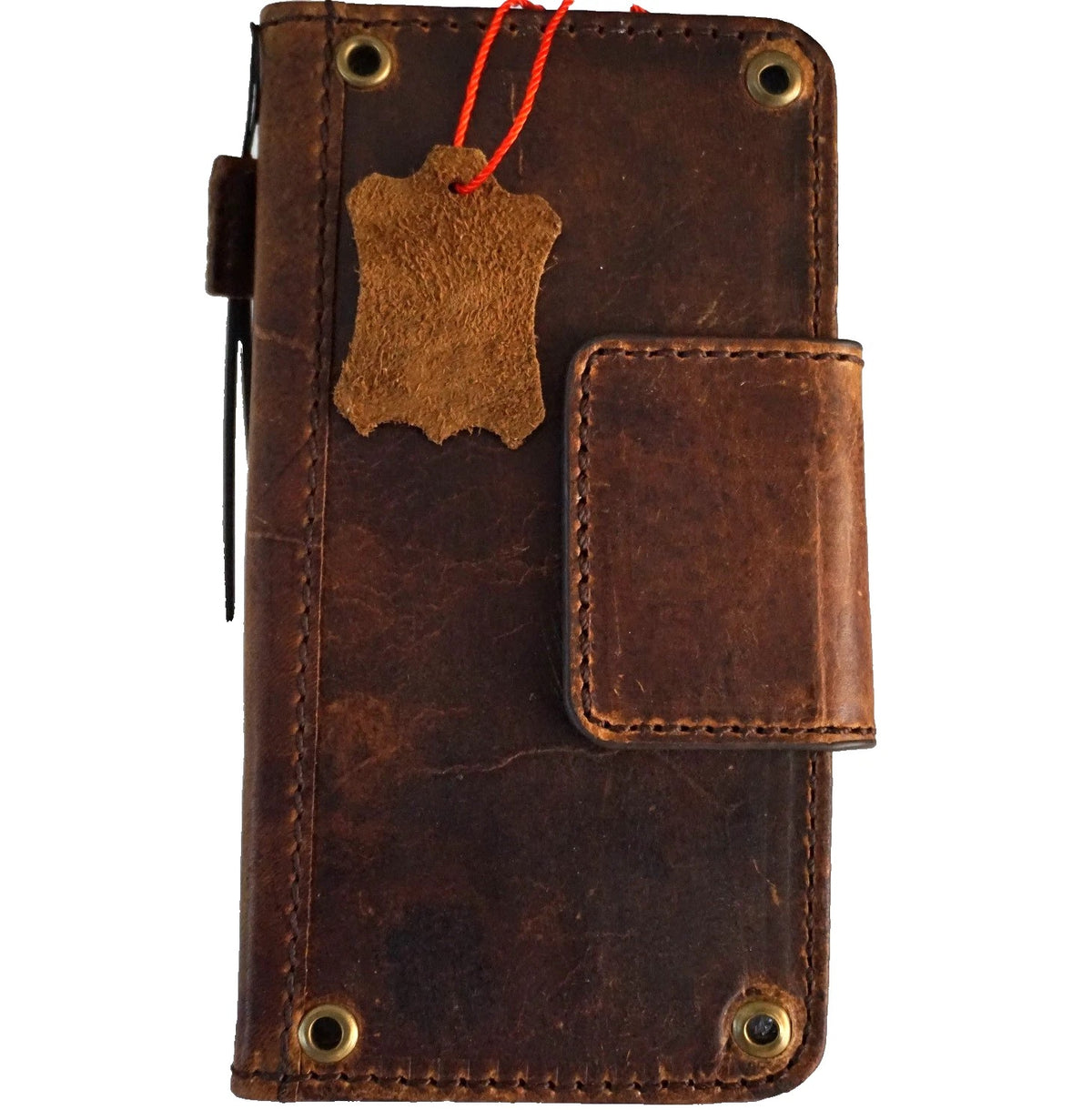 Handmade genuine leather phone case for iPhone models, with magnetic clasp, copper holes, and wallet-style design by DAVISCASE.