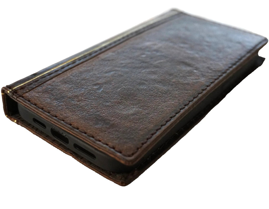 Handmade genuine leather phone case for iPhone 16, 13, 14, 15, 16E, 17 Pro Max by DAVISCASE, with wallet and Bible book design.