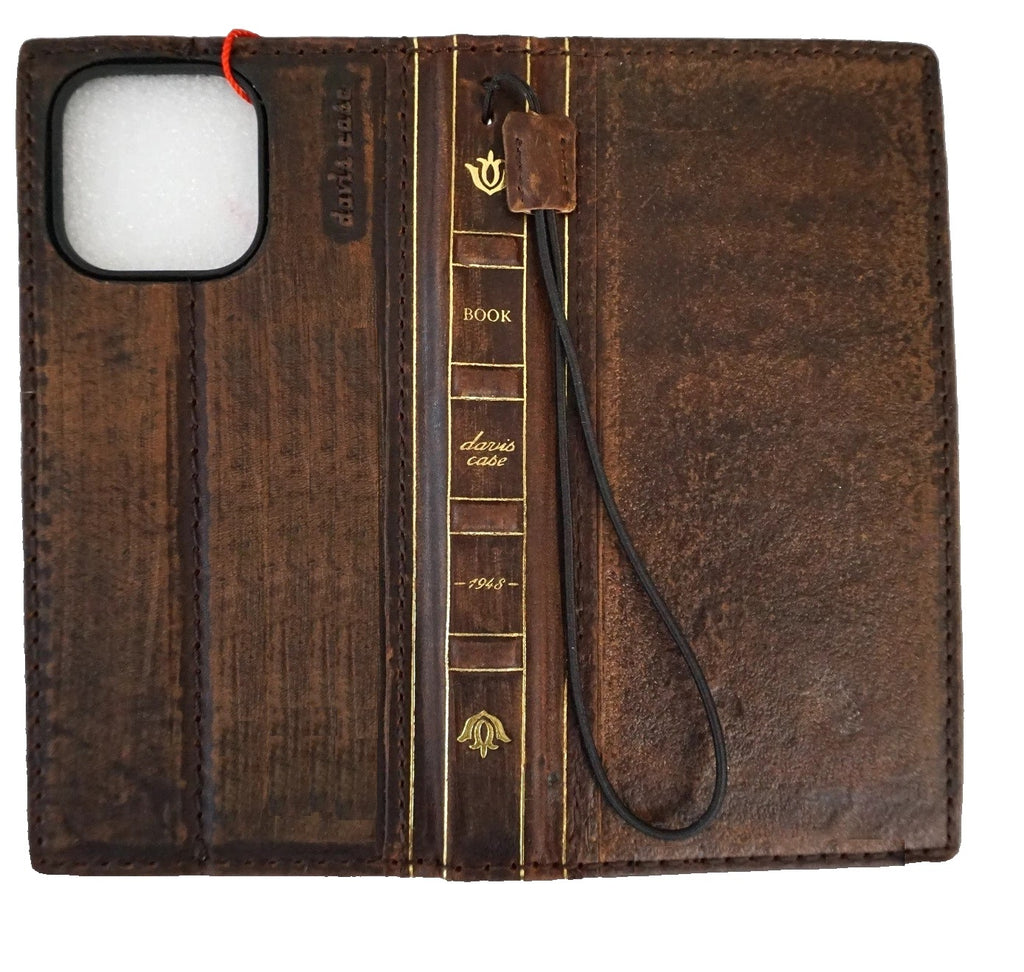 Handmade genuine leather phone case for iPhone 13-17 Pro Max by DAVISCASE, featuring a wallet-style Bible book design.