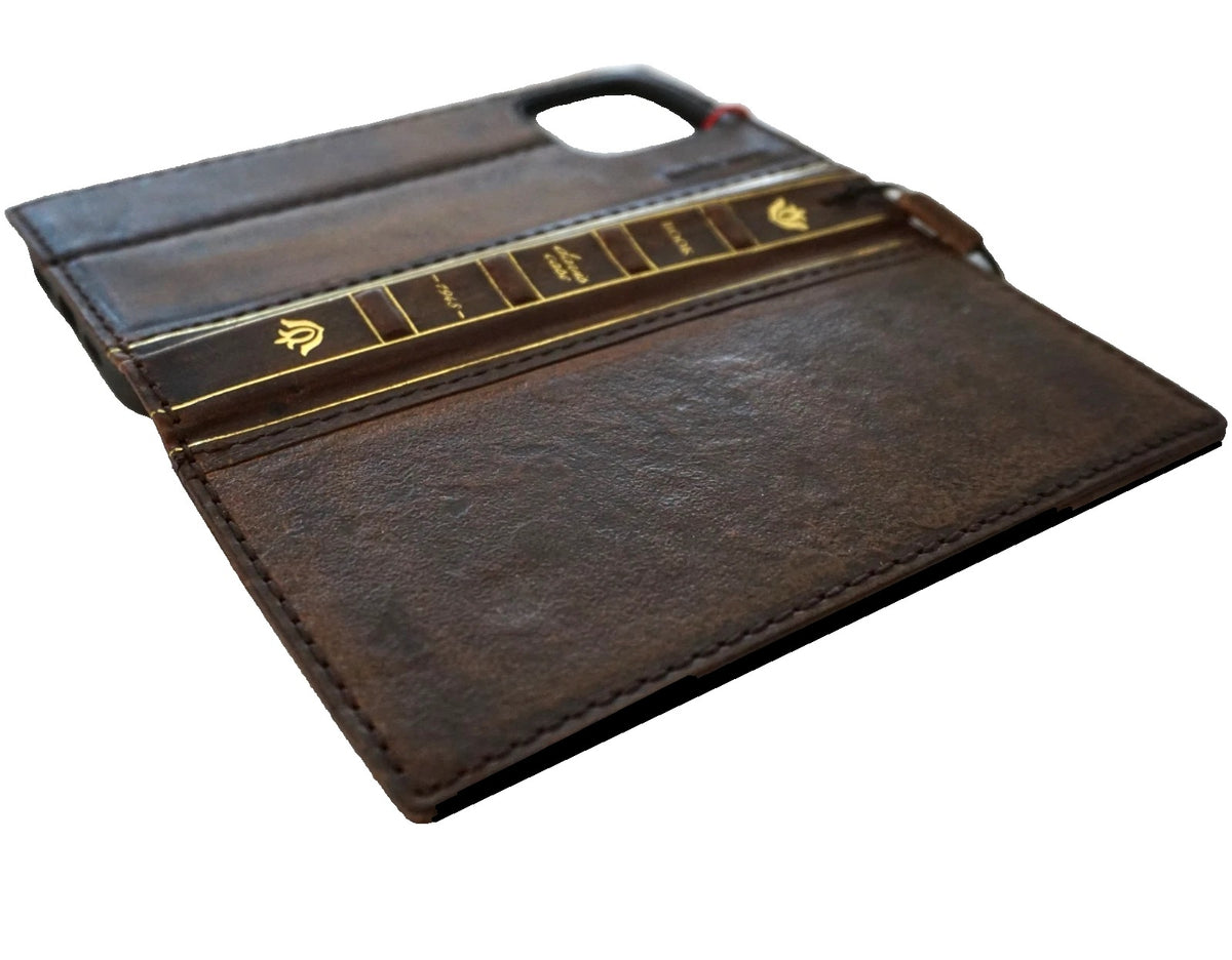 Handmade genuine leather phone case for iPhone 13-17 Pro Max, Air Wallet Bible Book Cover by DAVISCASE, with detailed craftsmanship.