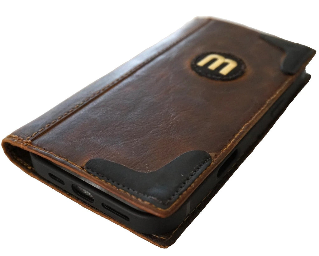 Handmade genuine leather football wallet case for iPhone models 12 to 17, with a durable Oiled finish and classic design.