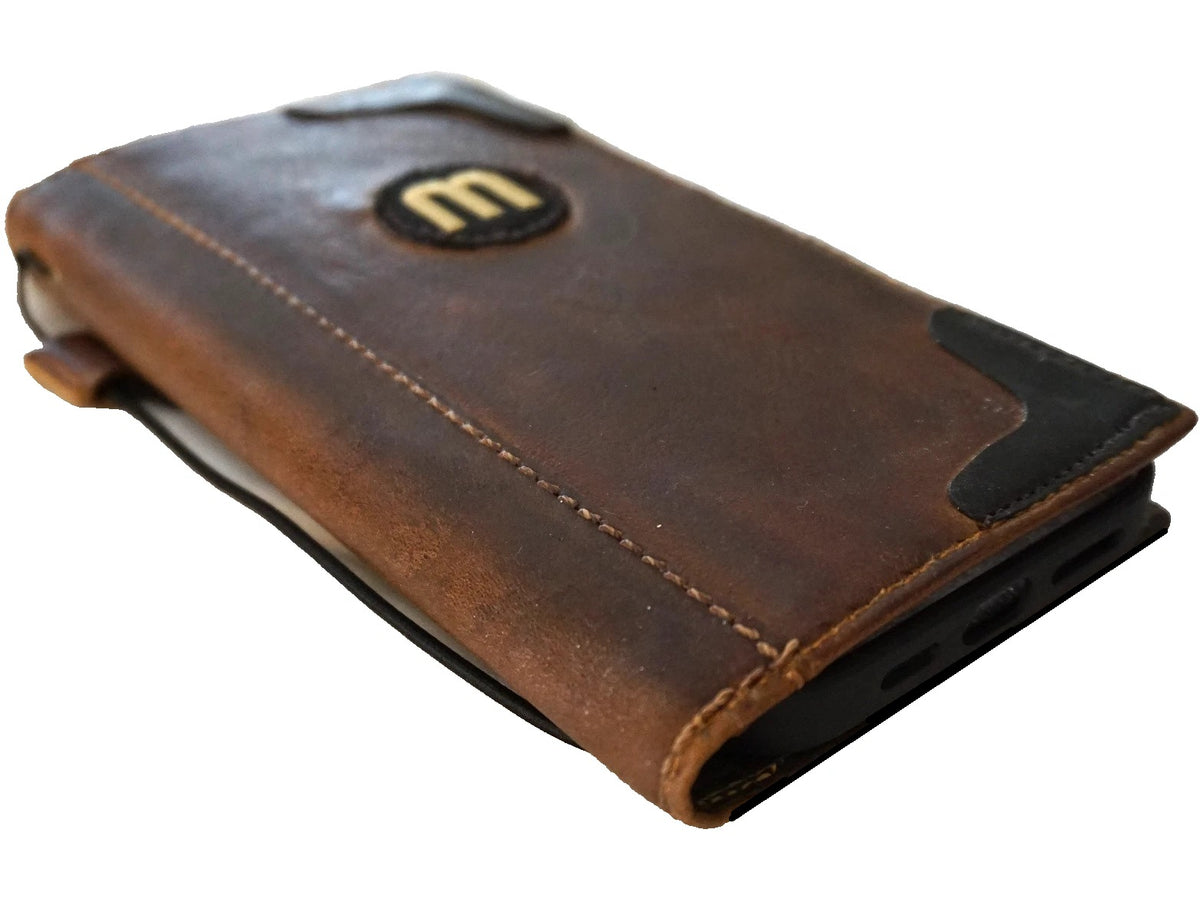 Handmade genuine leather football wallet case for iPhone 17, 12, 16, 14, 15, 16E Pro Max by DAVISCASE, with oiled finish and card slots.