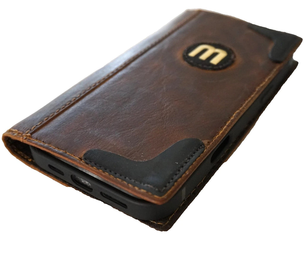 Handmade genuine leather phone case for iPhone 17, 12, 16, 14, 15, and 16E Pro Max with football wallet book design.