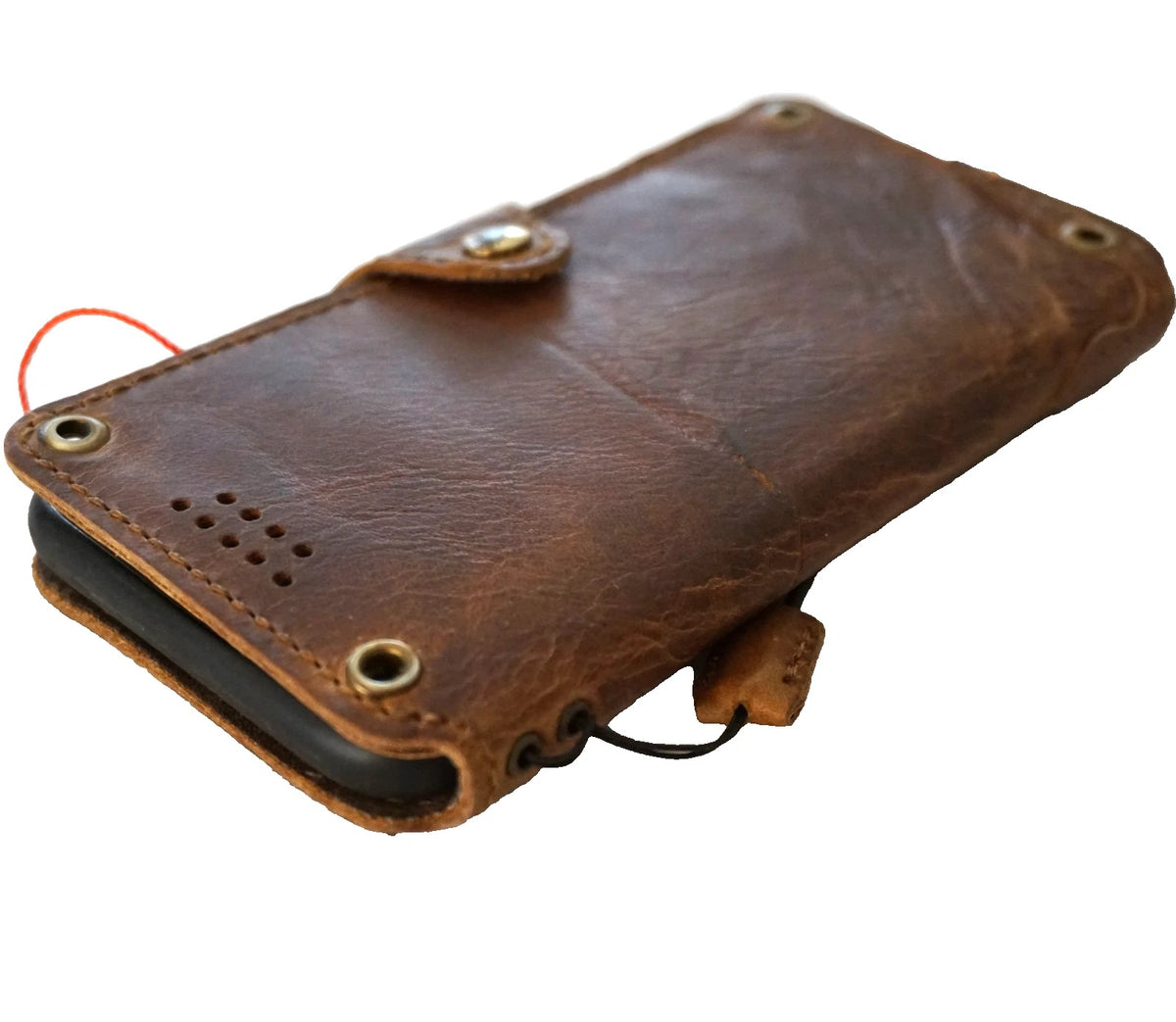 Handmade genuine leather phone case by DAVISCASE for iPhone 17, 16, 13, 14, 15, with football wallet design and close button.