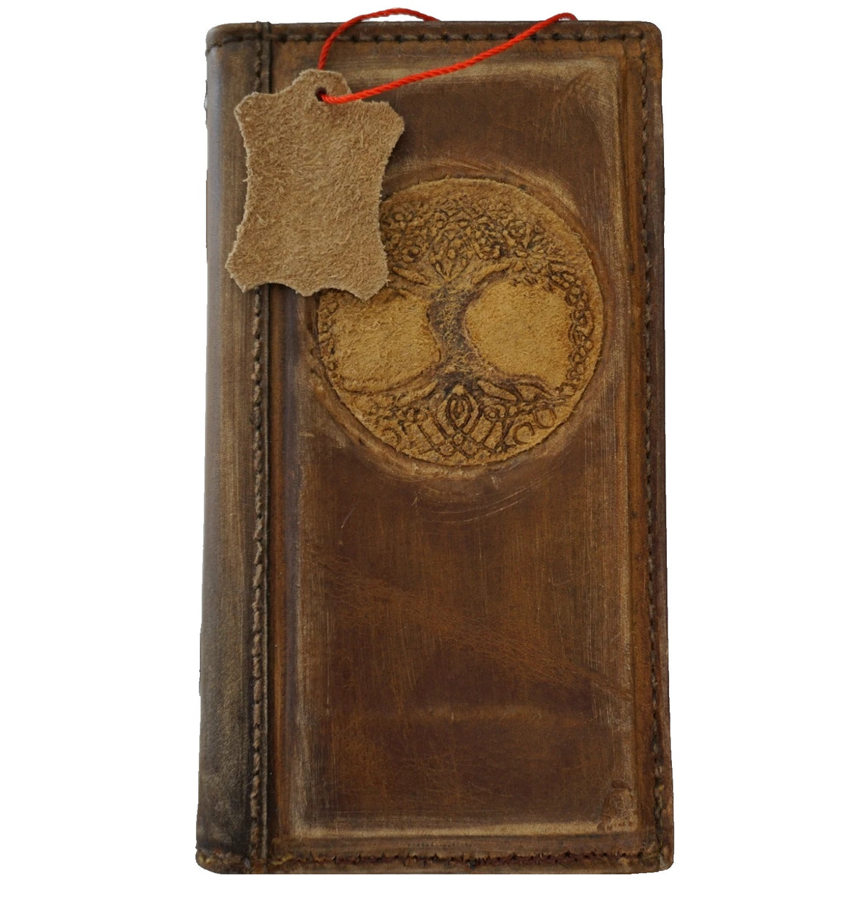 Handmade genuine leather phone case with a Tree of Life design for iPhone 13 to 17 Pro Max, by DAVISCASE.