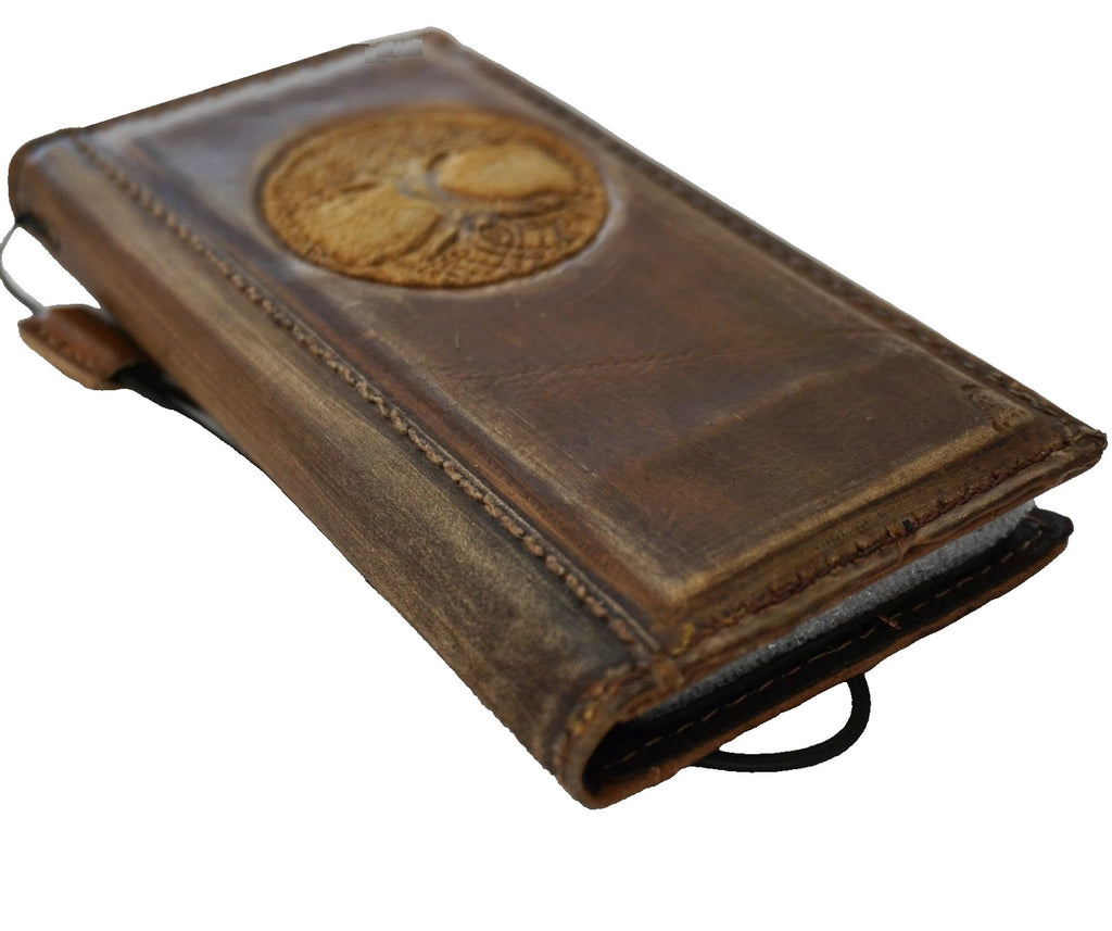 Handmade genuine leather phone case with Tree of Life design for iPhone 13 to 17 Pro Max, durable Air Wallet Book Cover by DAVISCASE