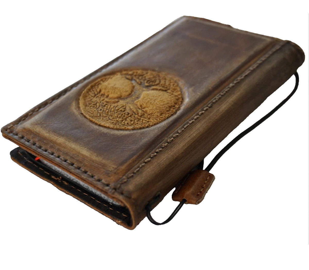 Handmade genuine leather phone case with Tree of Life design for iPhone 13-17 Pro Max, made by DAVISCASE.