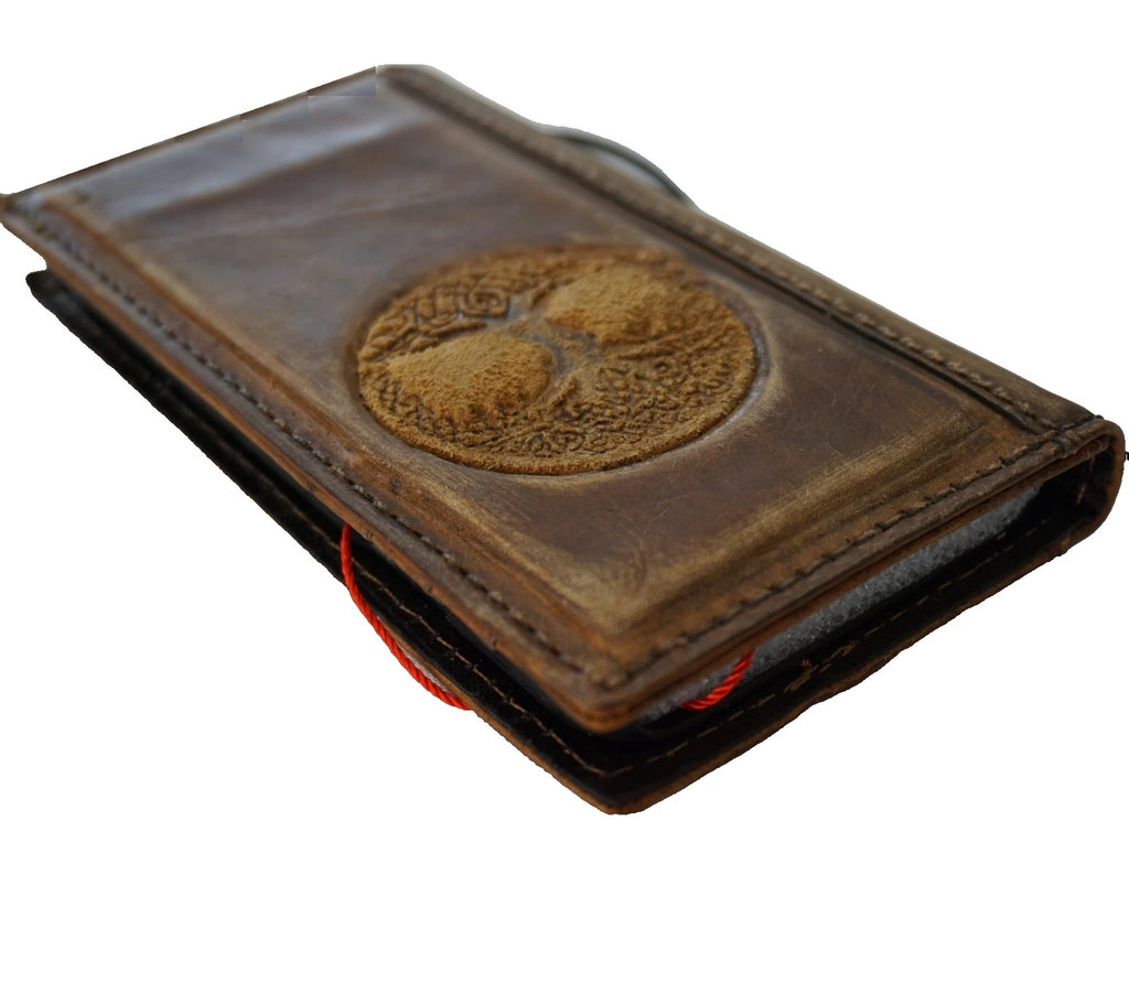 Handmade genuine leather phone case with Tree of Life design for iPhone 13-17 Pro Max by DAVISCASE, featuring an Air Wallet Book Cover style.