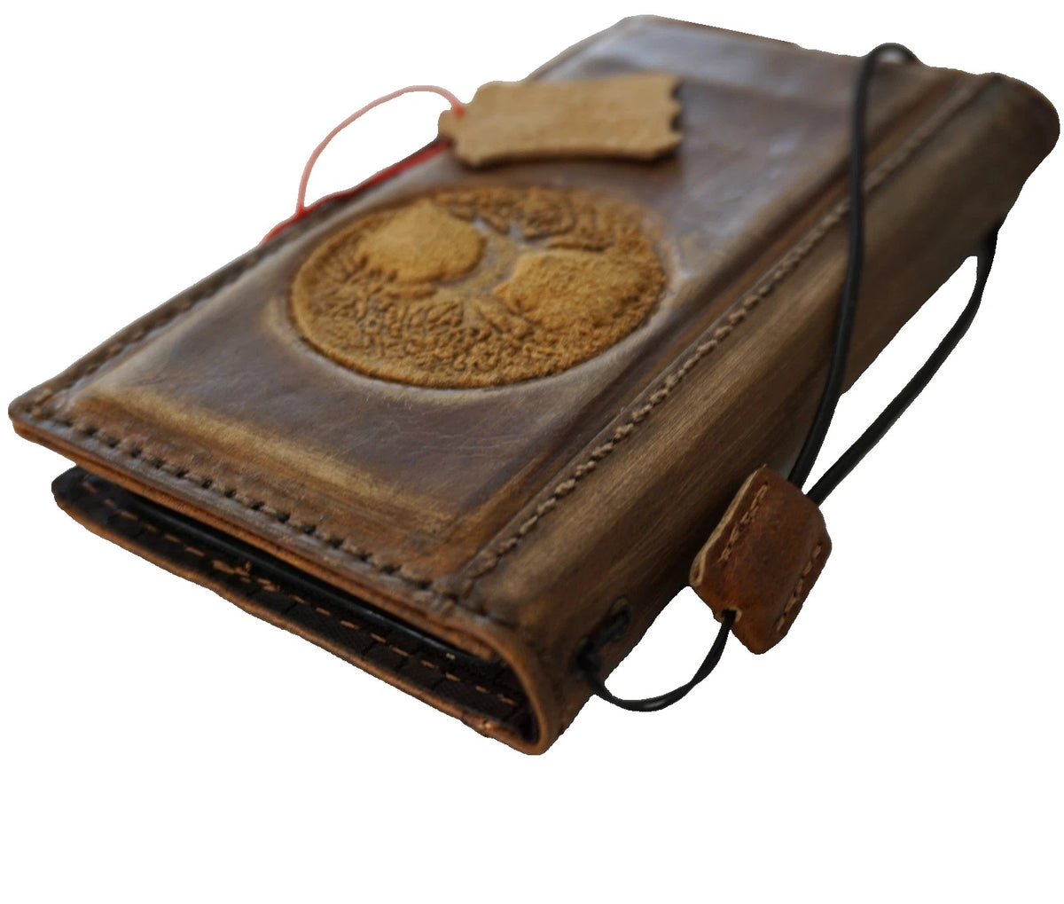 Handmade genuine leather phone case with Tree of Life design for Apple iPhone 13-17 Pro Max, by DAVISCASE.