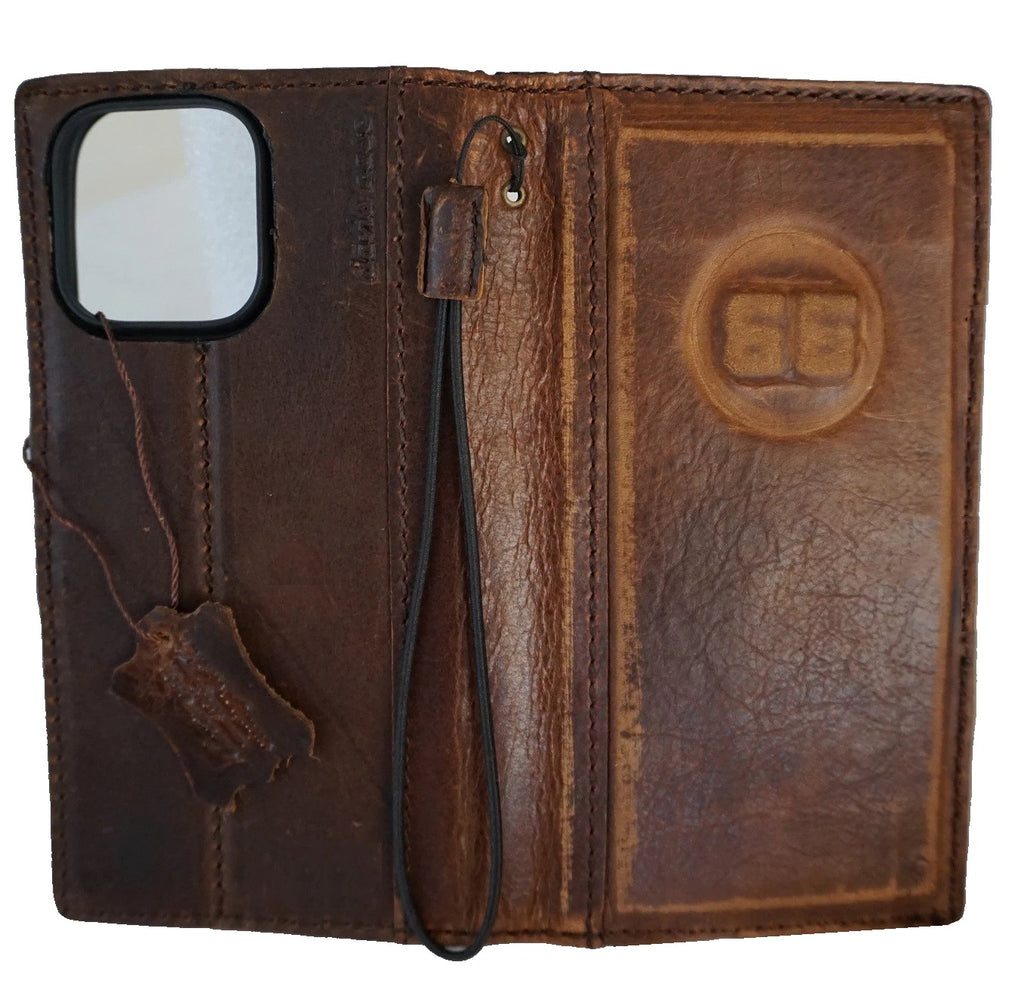 Handmade genuine leather phone case for Galaxy S24 S25 S26 Ultra and Z Fold series, featuring a wallet design with Route 66 motif.