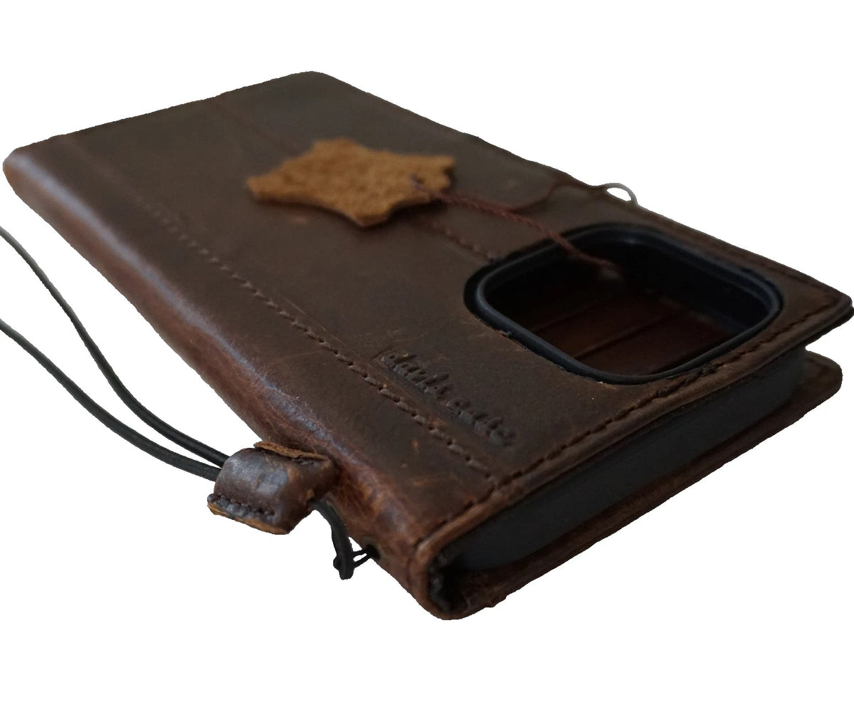 Handmade genuine leather phone case for iPhone 14-17 Pro Max with vintage Route 66 design and football wallet book cover by DAVISCASE.