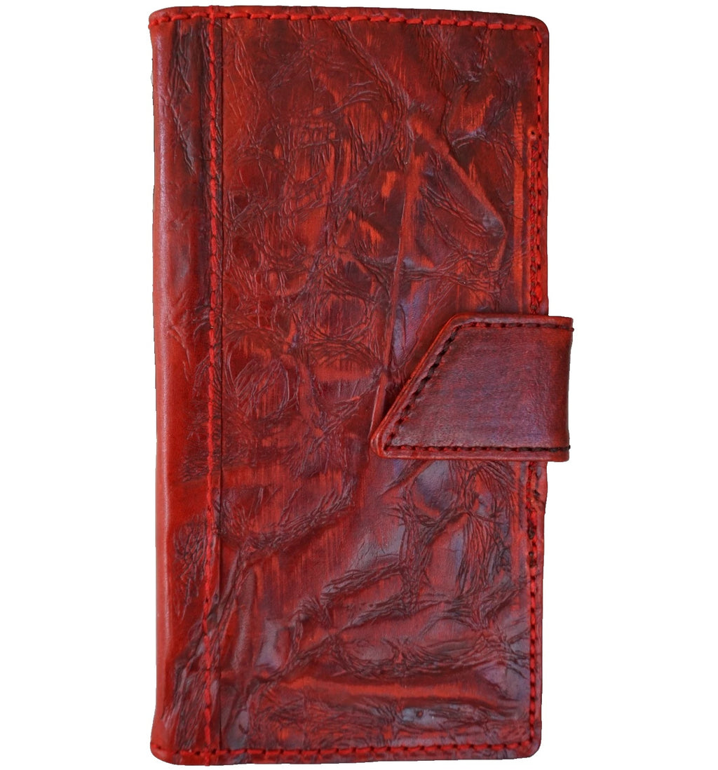 Red genuine leather Galaxy S25 S23 S24 Ultra Note Edge FE wallet case by DAVISCASE, with Z Fold design, luxury finish, and precise cutouts.