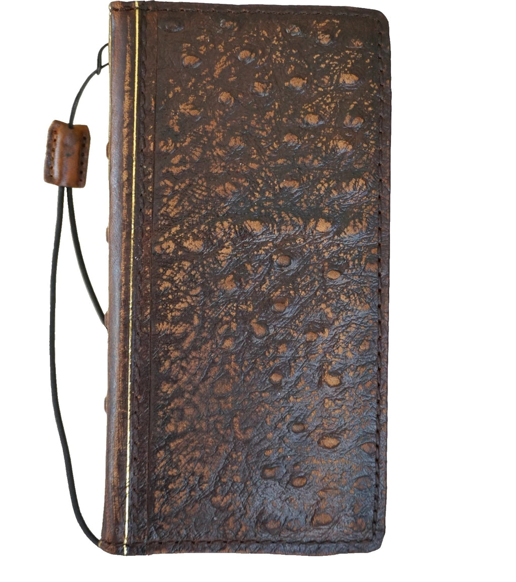 Handmade genuine leather phone case for iPhone 14-17 Pro Max Air Plus, Bible Crafts wallet style in ostrich pattern by DAVISCASE.