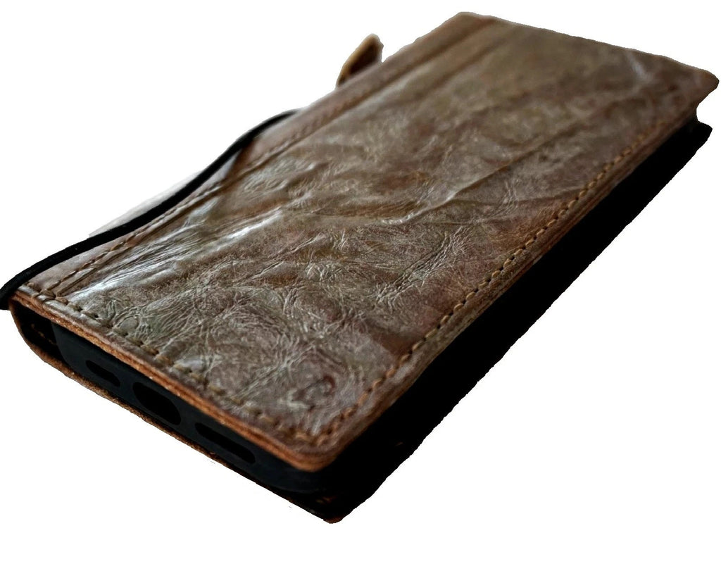 Handmade DAVISCASE genuine leather phone case for iPhone 17, 13, 14, 15, 16, 16E Pro Max, 8 Plus with wallet and sewing details.