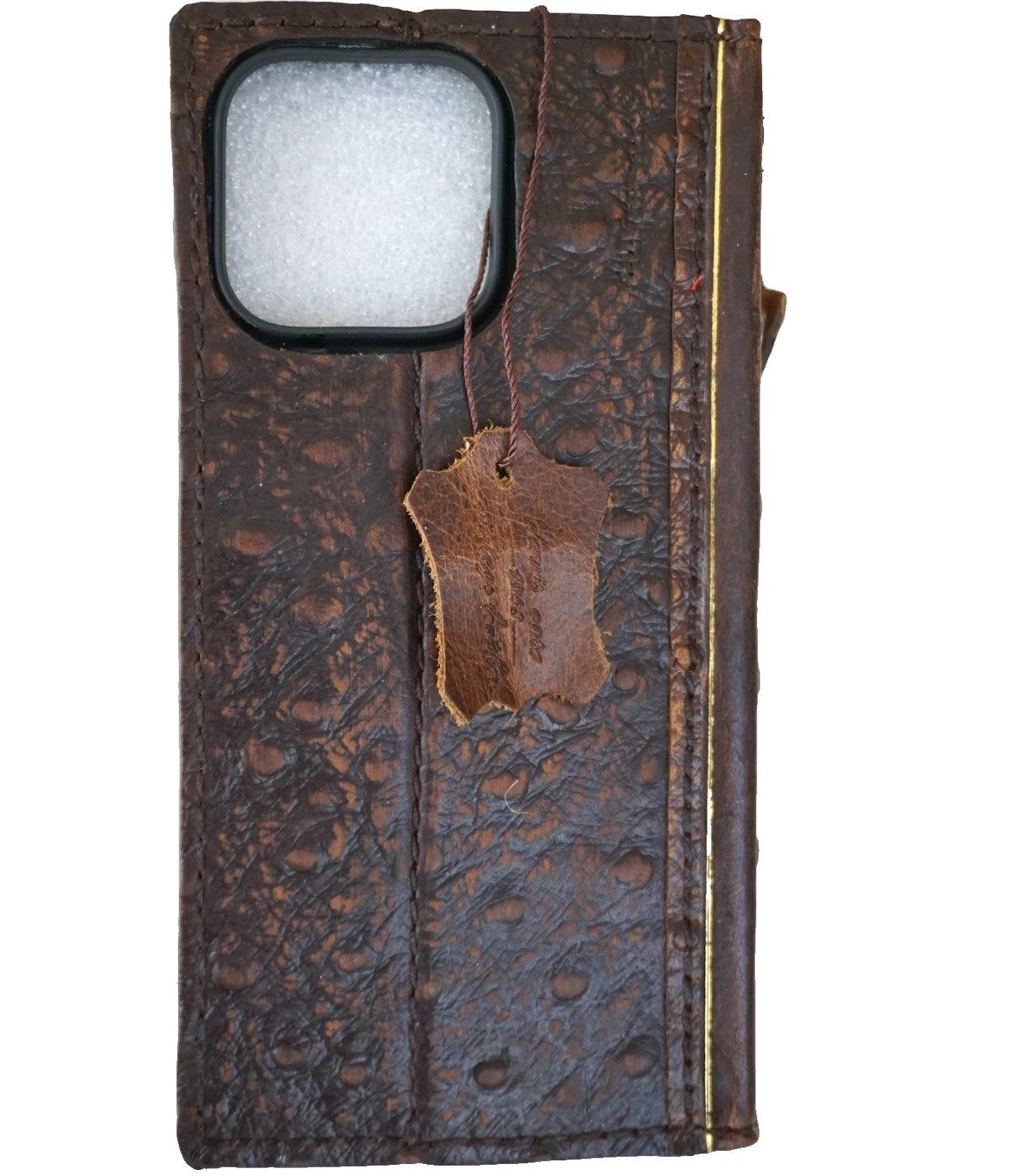 Handmade genuine leather phone case for iPhone 14-17 Pro Max and Air Plus, featuring ostrich style design and wallet compartments.