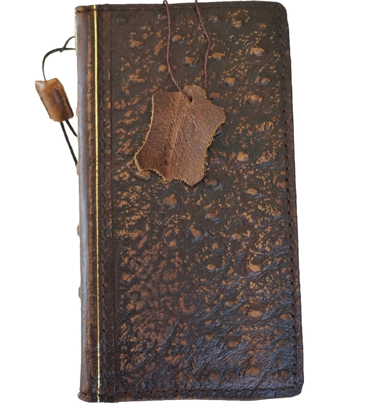 Handmade genuine leather phone case for iPhone 14-17 Pro Max, Bible Crafts Wallet Book style, DAVISCASE ostrich design.