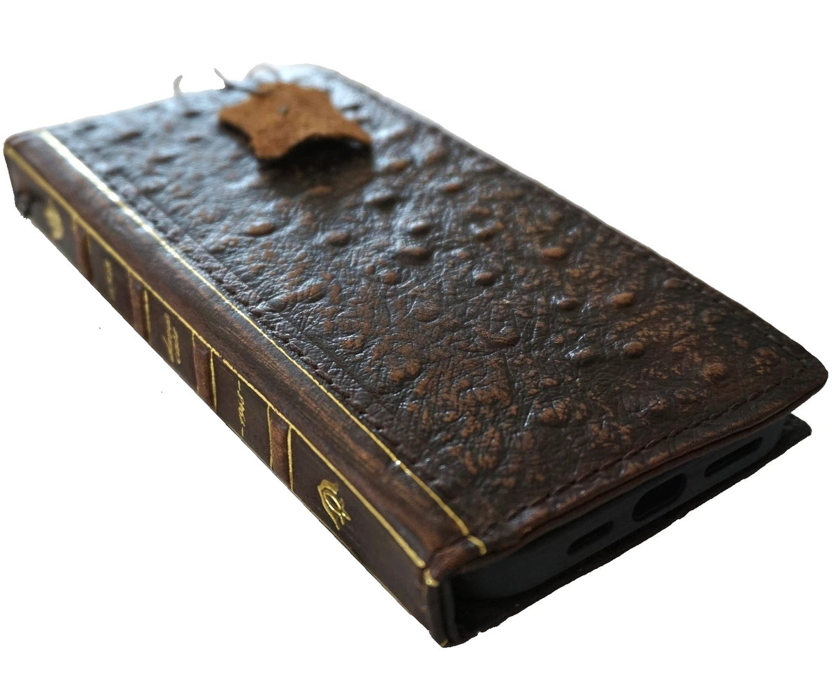 Handmade genuine leather phone case for iPhone 14-17 Pro Max Air Plus, Bible Crafts wallet style in ostrich leather by DAVISCASE