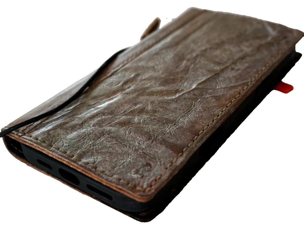 Handmade genuine leather phone case by DAVISCASE for iPhone 13-17 Pro Max, wallet book style with sewing details.