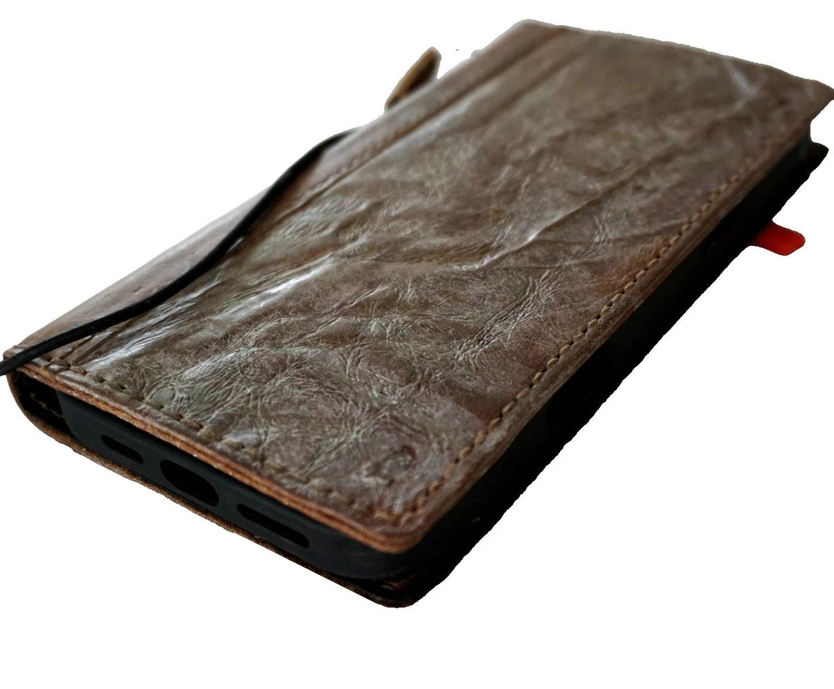 Handmade genuine leather phone case by DAVISCASE for iPhone 13-17 Pro Max, wallet book style with sewing details.