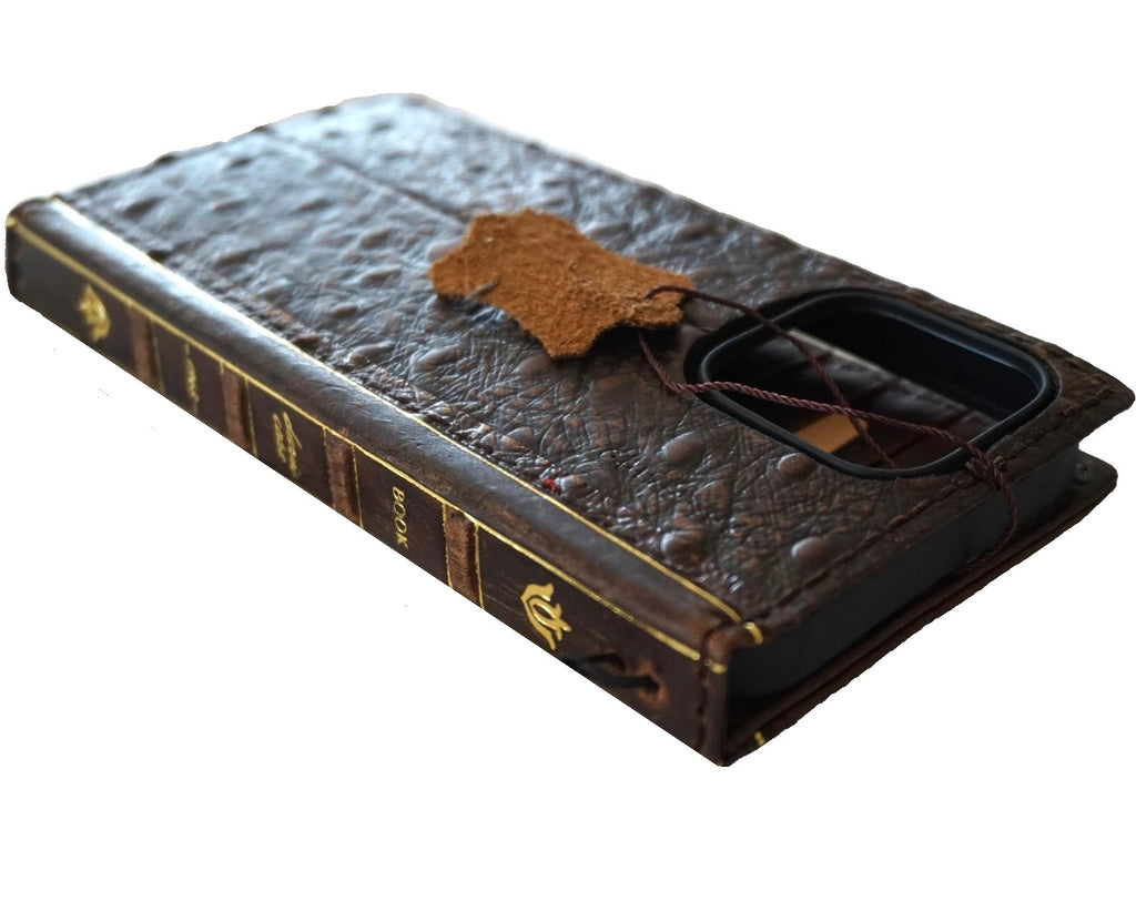 Handmade genuine leather phone case for iPhone 14-17 Pro Max Air Plus Bible Crafts Wallet Book Mini in ostrich style by DAVISCASE