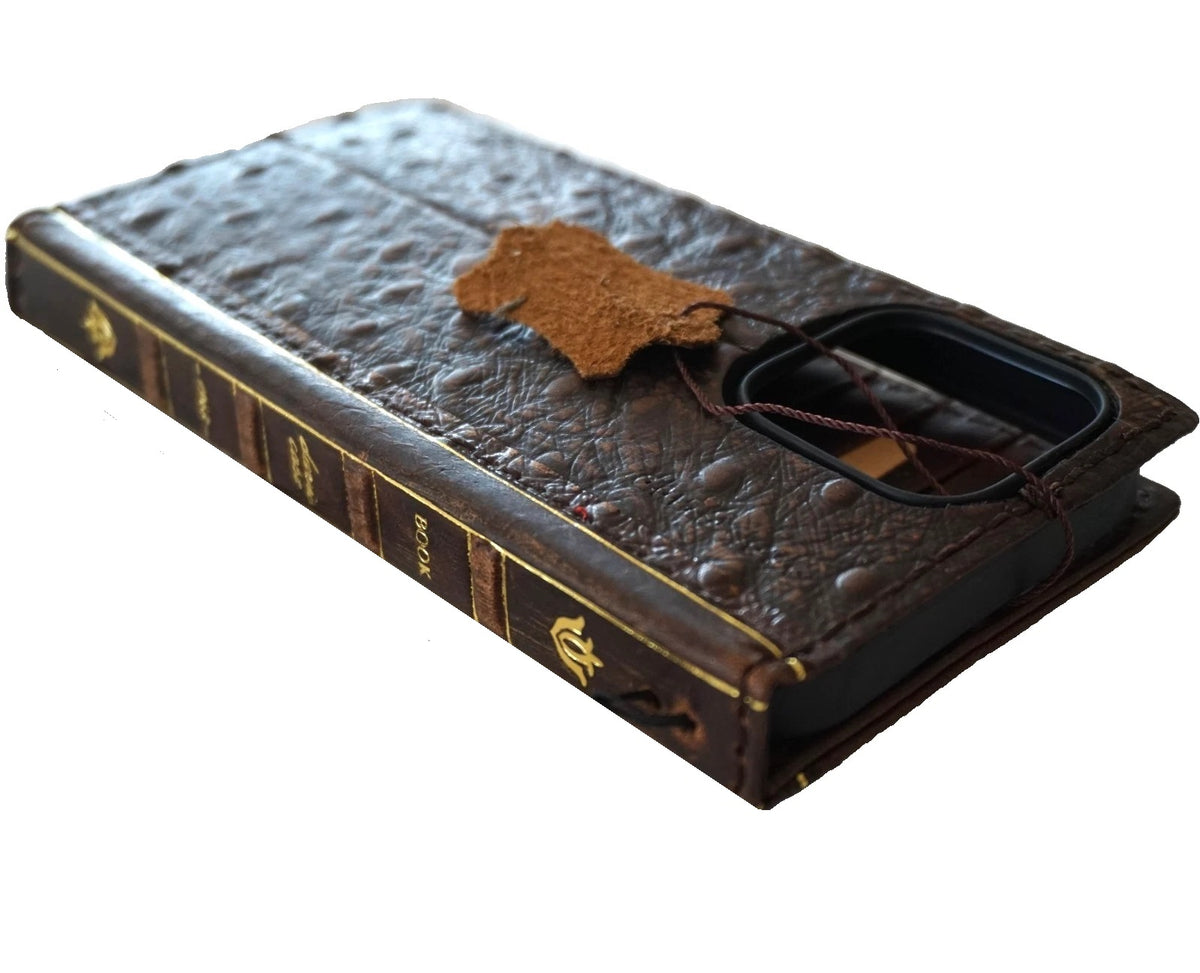 Handmade genuine leather phone case for iPhone 14-17 Pro Max Air Plus Bible Crafts Wallet Book Mini in ostrich style by DAVISCASE