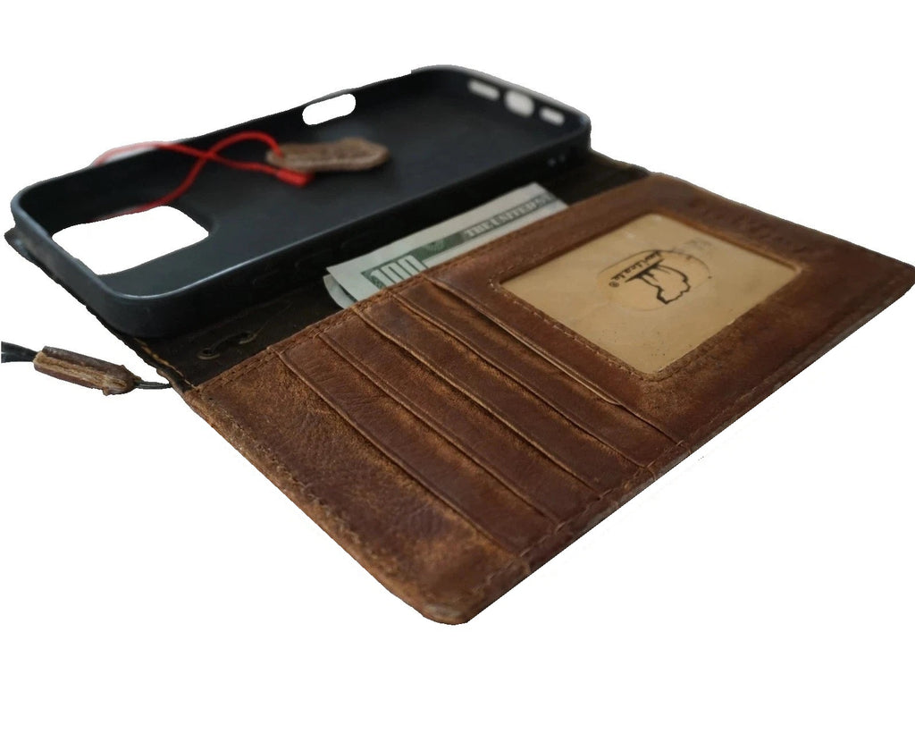 Handmade genuine leather phone case for iPhone 17, 13, 14, 15, 16, 16E, Pro Max, and 8 Plus by DAVISCASE with wallet design.