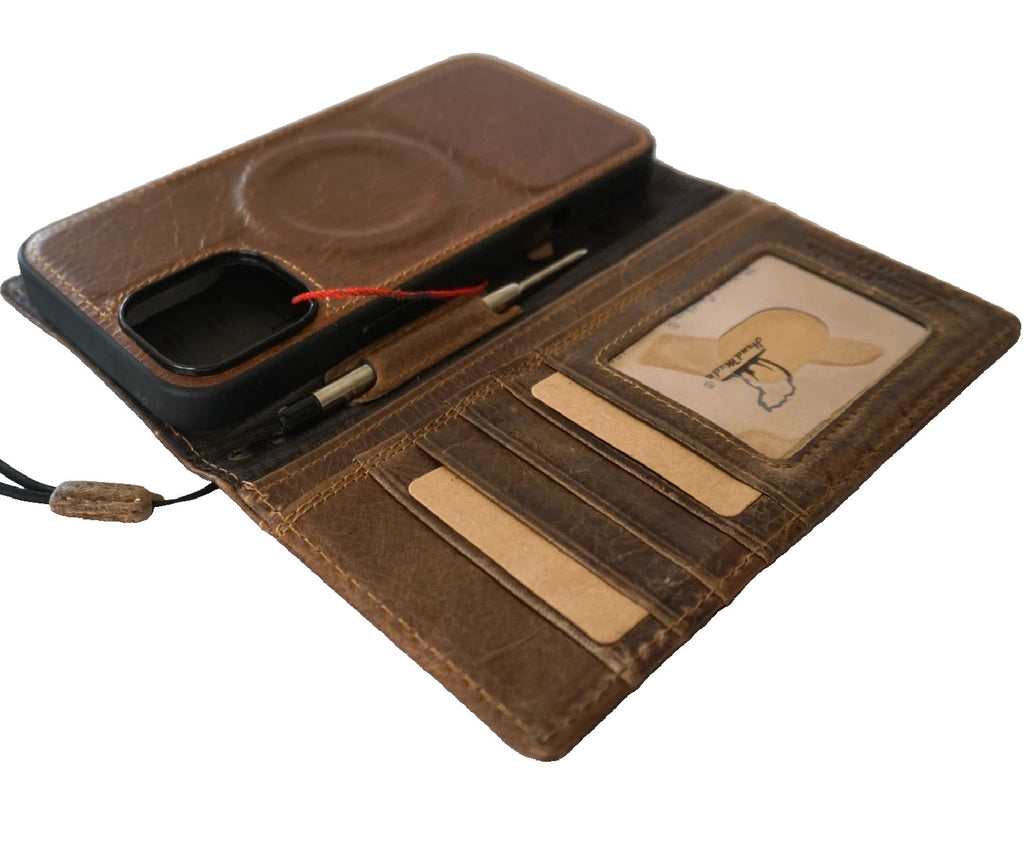Handmade genuine leather phone case for iPhone 17, 13, 14, 15, 16, 16E Pro Max, and 8 Plus with wallet and pen holder by DAVISCASE.