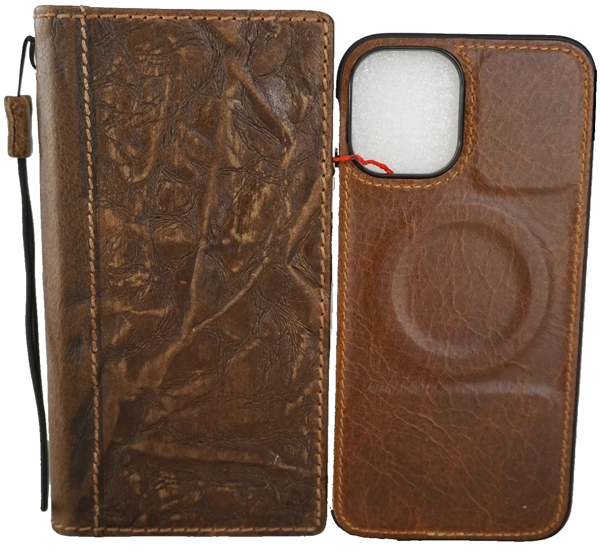 DavisCase genuine leather Galaxy S23 Ultra wallet book case in tan with oiled finish, featuring card slots and a pen holder.