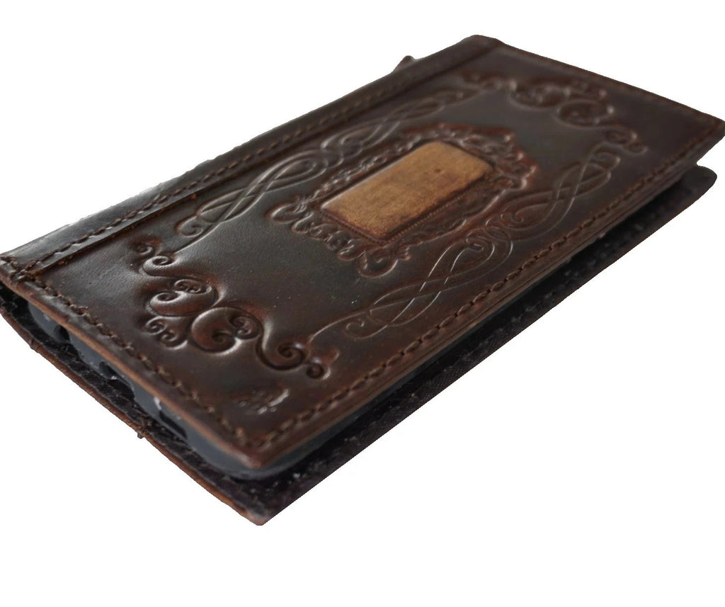 Handmade genuine leather phone case for iPhone 14-17 Pro Max by DAVISCASE, with a luxury mini Air Wallet Bible book cover design.