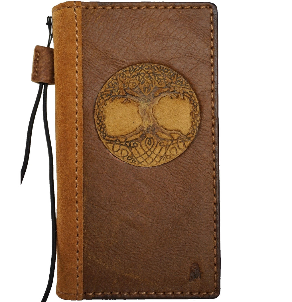 Handmade genuine leather wallet phone case for Apple iPhone 14-17 Pro Max in tan, with a compact, luxurious design by DAVISCASE.