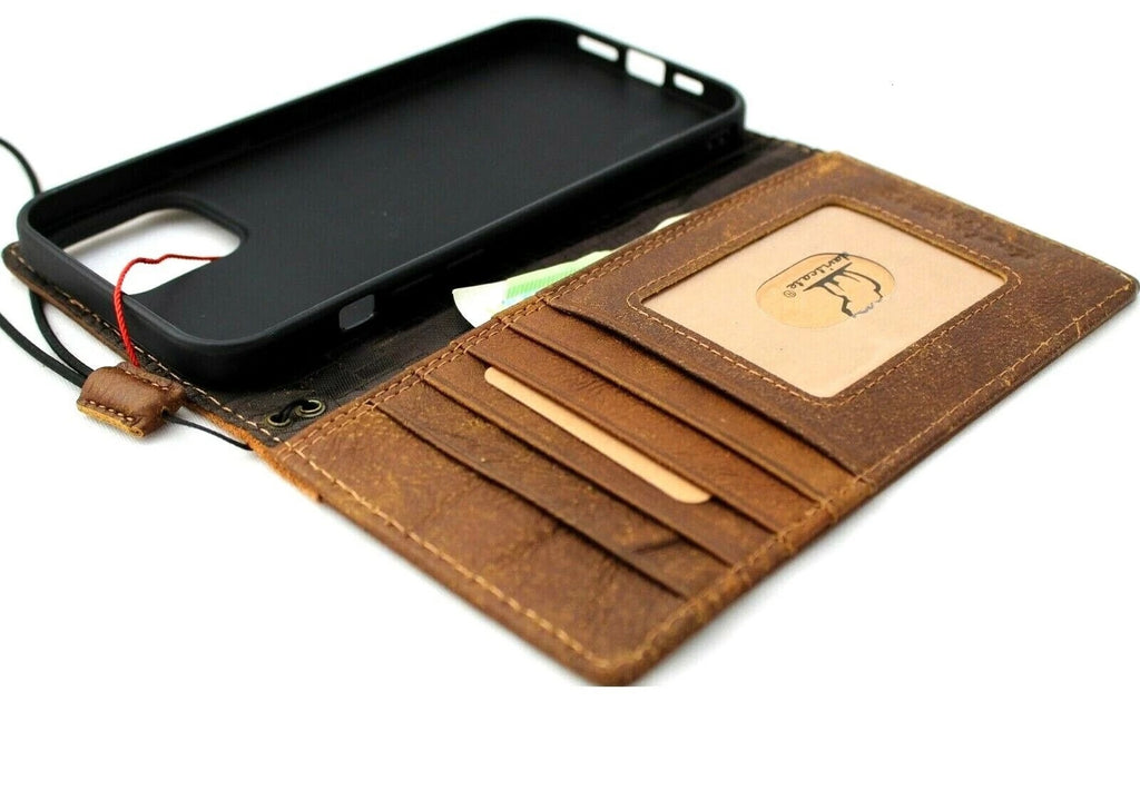 Handmade tan genuine leather wallet case for Apple iPhone 14-17 Pro Max, featuring a slim, luxury design with card slots.