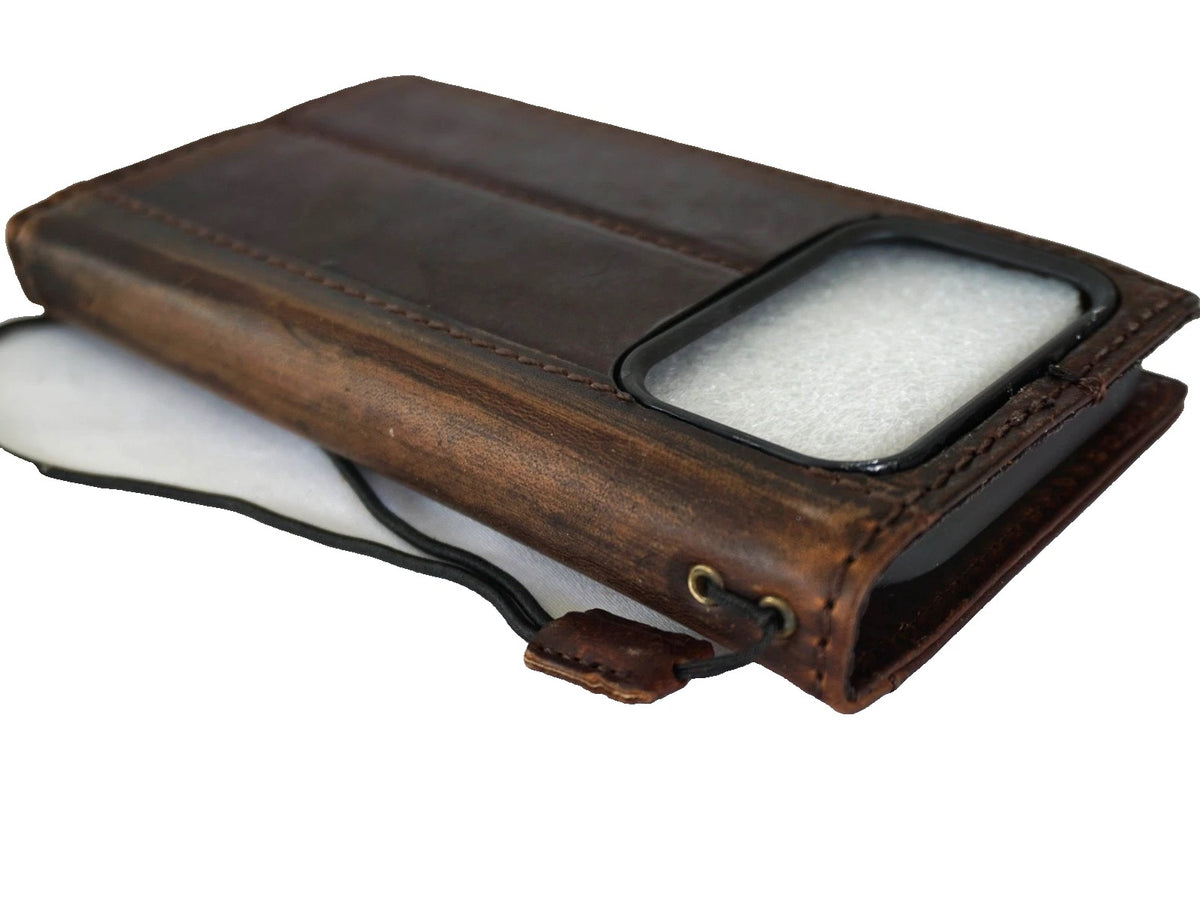 Handmade genuine leather wallet phone case for iPhone 14-17 Pro Max by DAVISCASE, dark brown color with card slots and minimalist design.