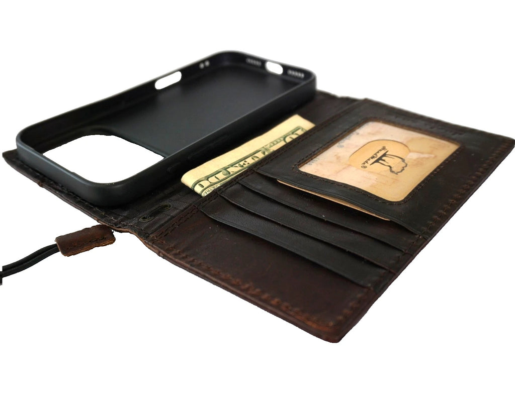 Handmade genuine leather phone case for Galaxy S24, S25, S26, and Fold models with art Tree of Life design and credit card slots.