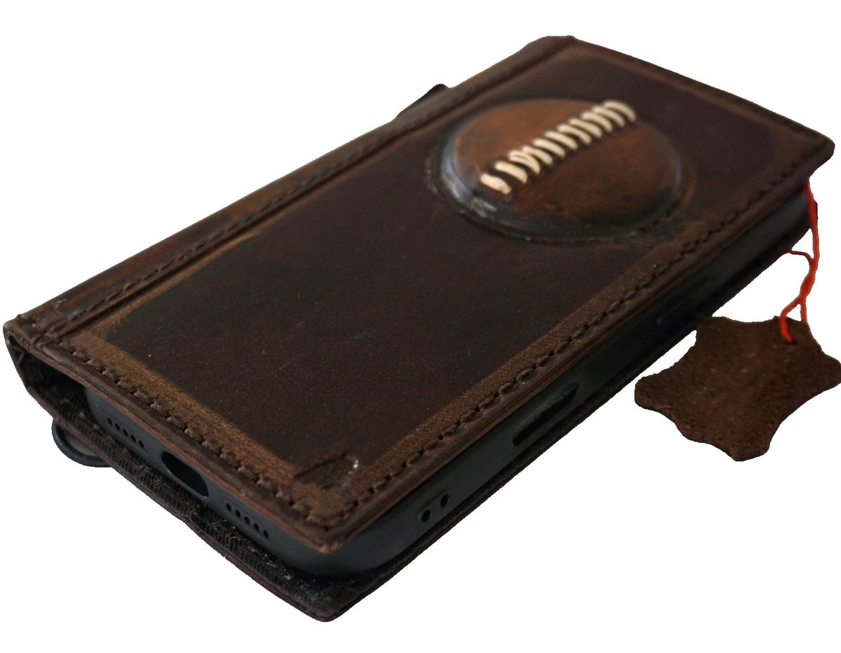 Handmade genuine leather phone case for Apple iPhone 14-17 Pro Max, dark leather wallet book cover with football detail by DAVISCASE