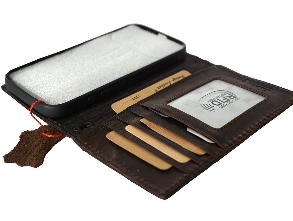 Handmade genuine leather phone case for Galaxy S24, S25, S26, S24 Edge, Fold 3-7 Ultra with tree of life design and wallet features.