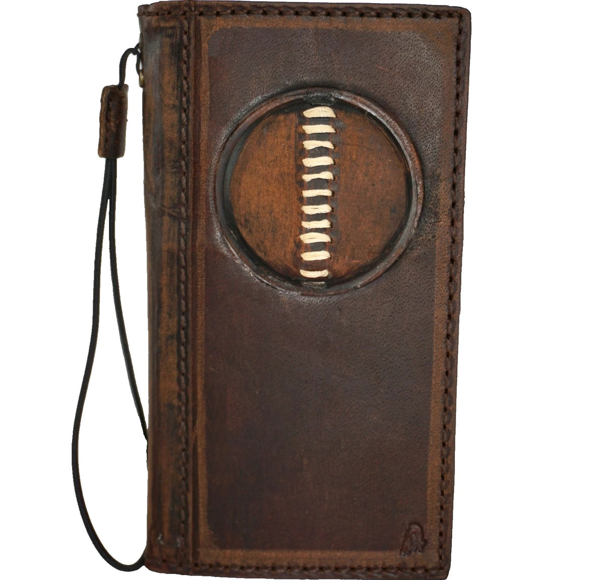 Handmade genuine leather phone case for Apple iPhone 14-17 Pro Max, dark brown wallet cover with football design by DAVISCASE.