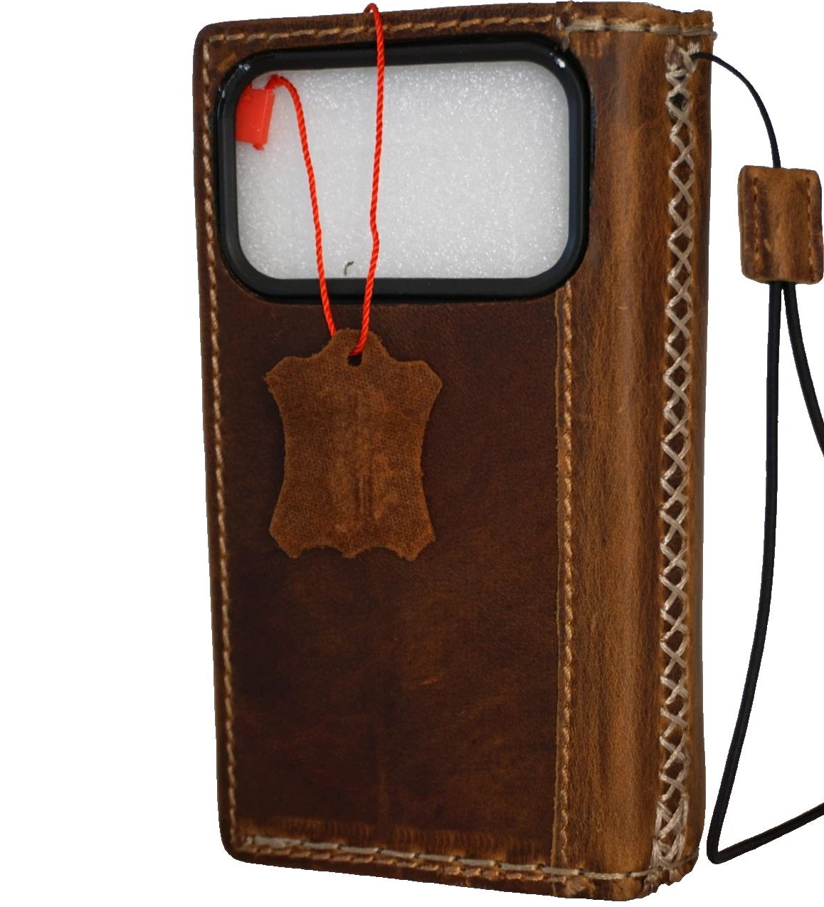 Handmade genuine leather wallet case for iPhone 14-17 Pro Max, featuring hand-sewn details and a sleek, luxury design.