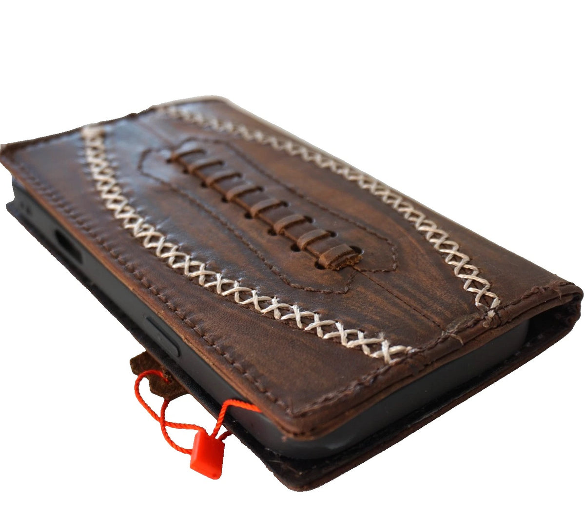Handmade genuine leather phone case for iPhone 15, 16, 17 Pro Max, with mini wallet and football embroidery by DAVISCASE.