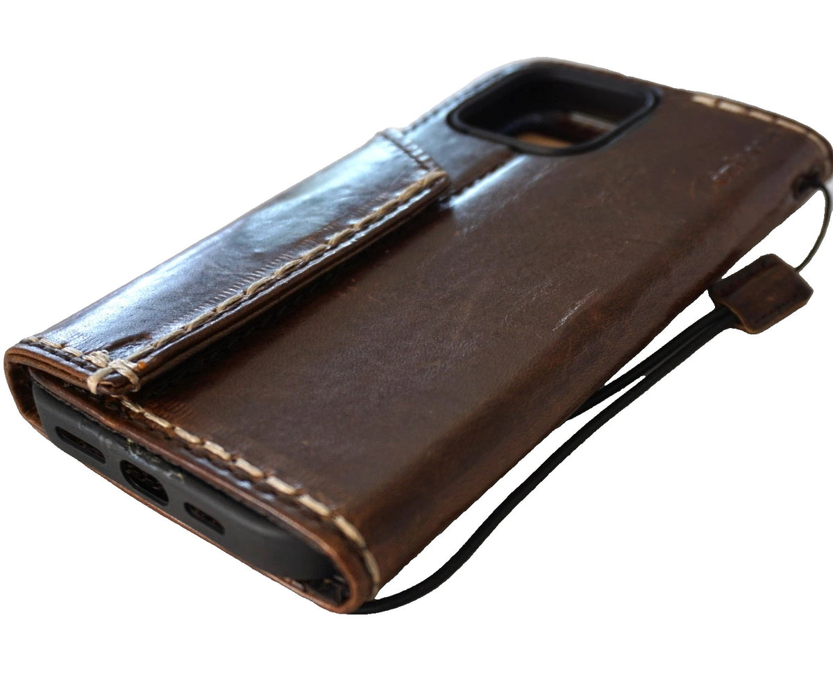 Genuine leather Google Pixel case by DAVISCASE with book-style wallet design in dark color, hand-sewn with 3D X stitching.