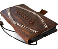 Handmade genuine leather wallet phone case for iPhone 15, 16, 17 Pro Max by DAVISCASE, featuring mini hand-sewn design and football motif.