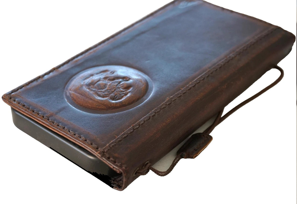 Handmade genuine leather phone case for iPhone 15, 16, 17 Pro Max by DAVISCASE, featuring a wallet book design with bull leather.