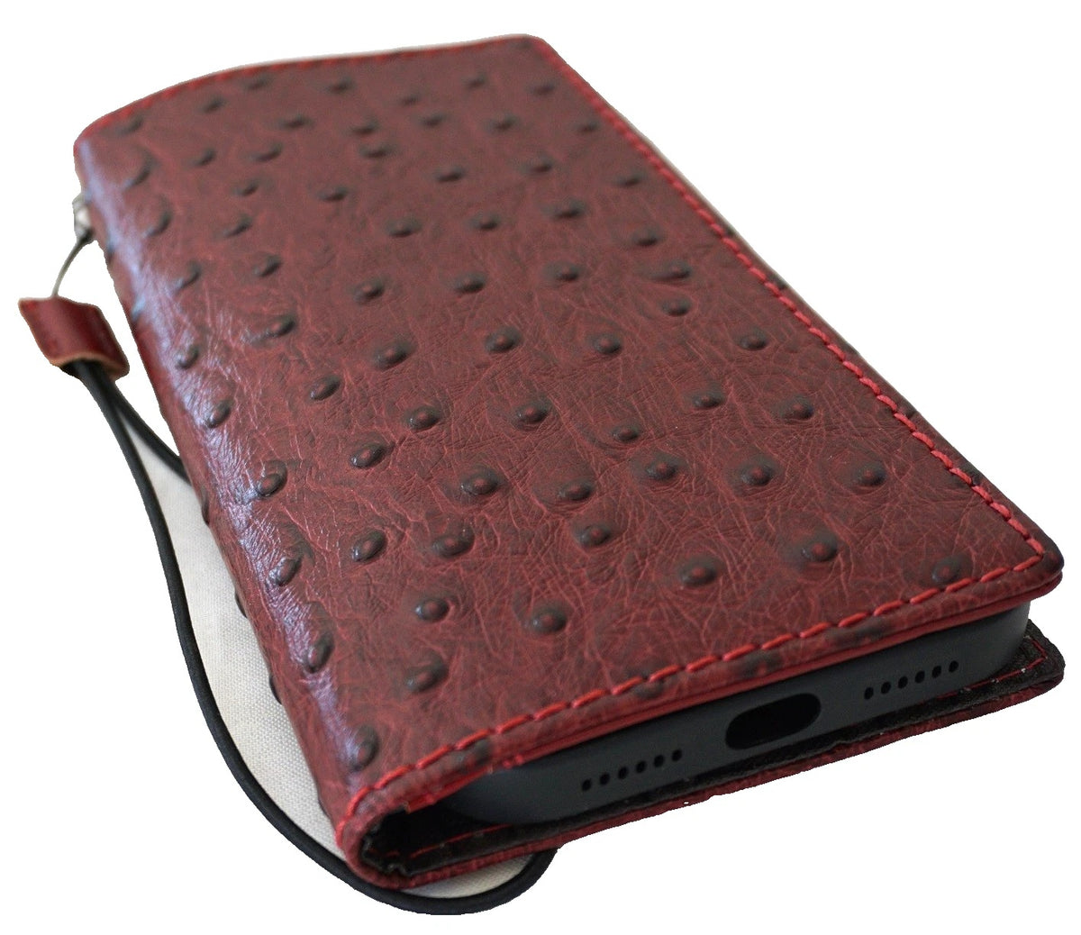 Handmade genuine leather phone case for Galaxy S25/S26 Edge Z Fold 3-7, red wine ostrich style with art wallet and credit card cover.