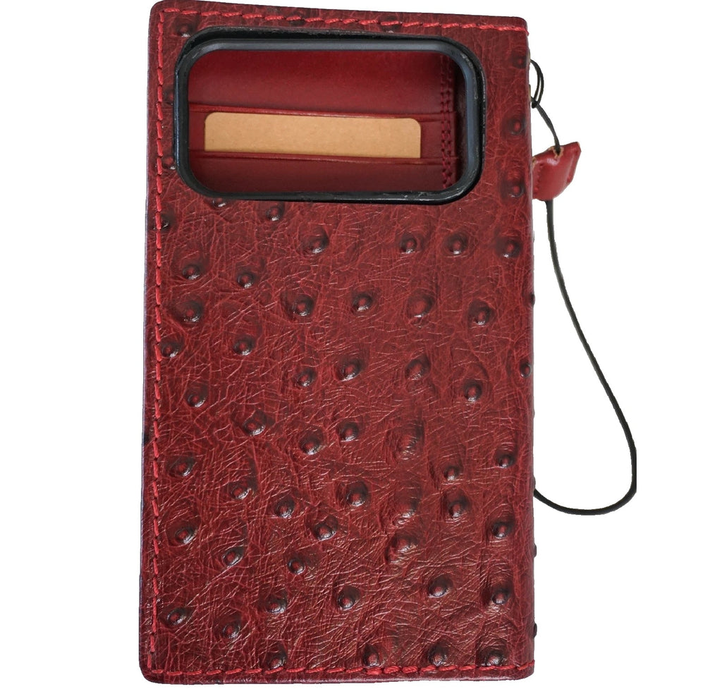 Handmade red wine genuine leather wallet phone case for Apple iPhone 15 and 16 Pro Max by DAVISCASE, featuring ostrich style design.