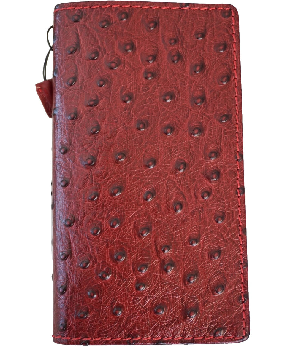 Handmade red wine genuine leather phone case for Galaxy S26/S25 Edge, Z Fold 3-7, with art wallet and credit cover, ostrich style.