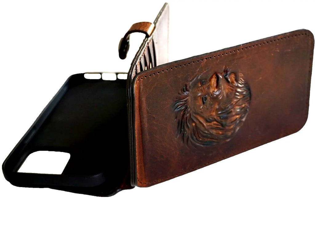 Handmade genuine leather phone case for iPhone 11-15 Pro Max, with credit card slots, vintage style, and full grain craftsmanship.