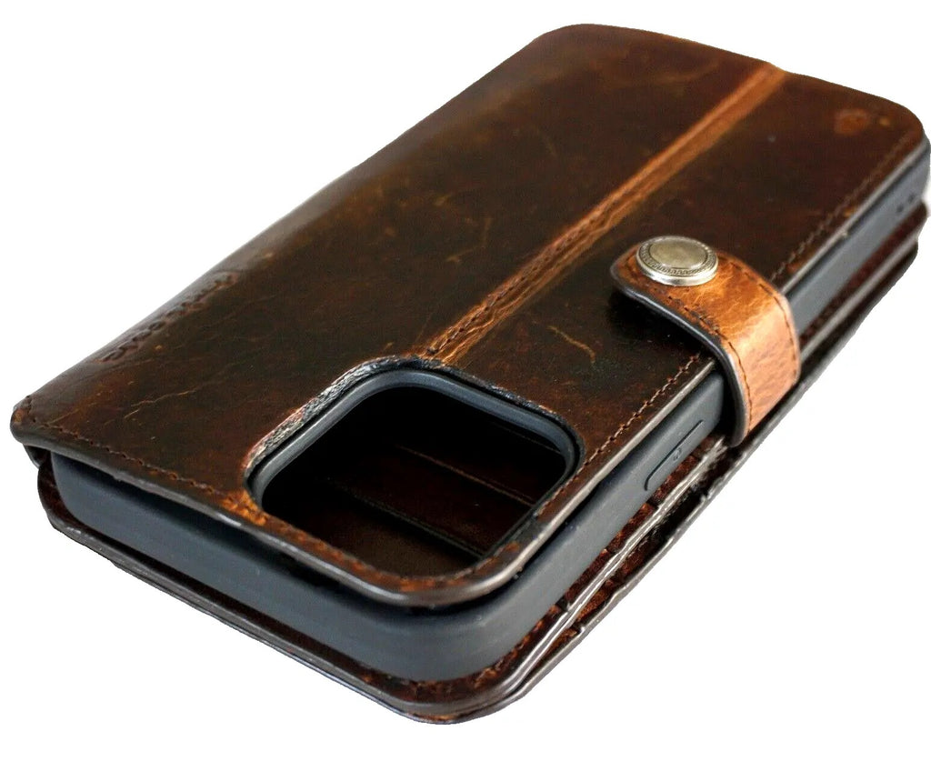 Handmade leather phone case for iPhone 11-15 Pro Max with credit card slots, vintage style, crafted by DAVISCASE.