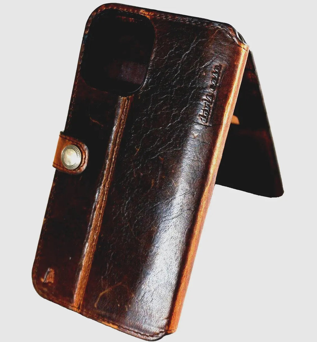 Handmade genuine leather phone case for iPhone 11-15 Pro Max, with credit card slots and vintage shark crafts design by DAVISCASE.